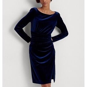 Ralph Lauren women's Navy Velvet Midi Cocktail Dress - size ‎ 12 - retail $195